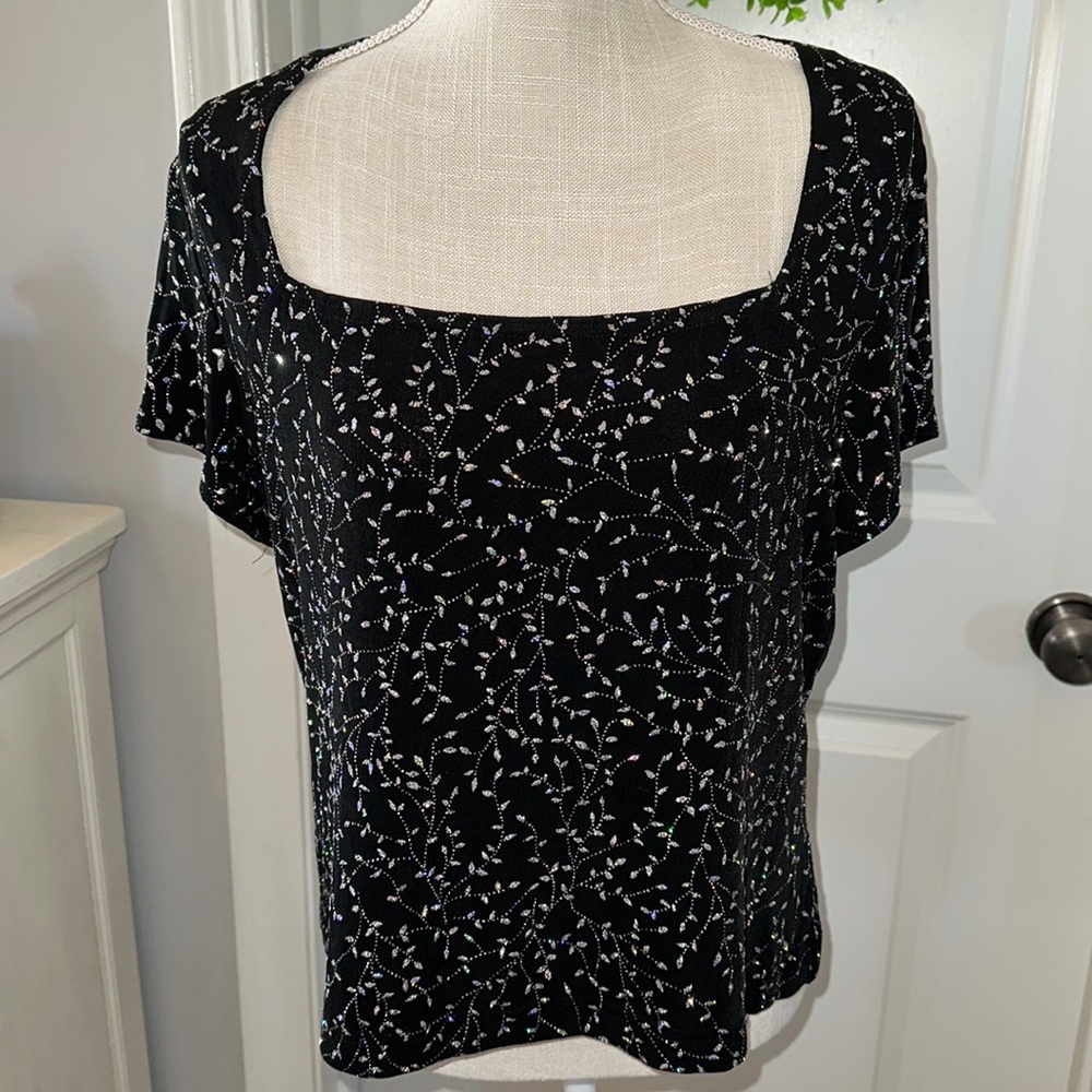 Size XL black sparkly knit top with short sleeves and square neckline EUC